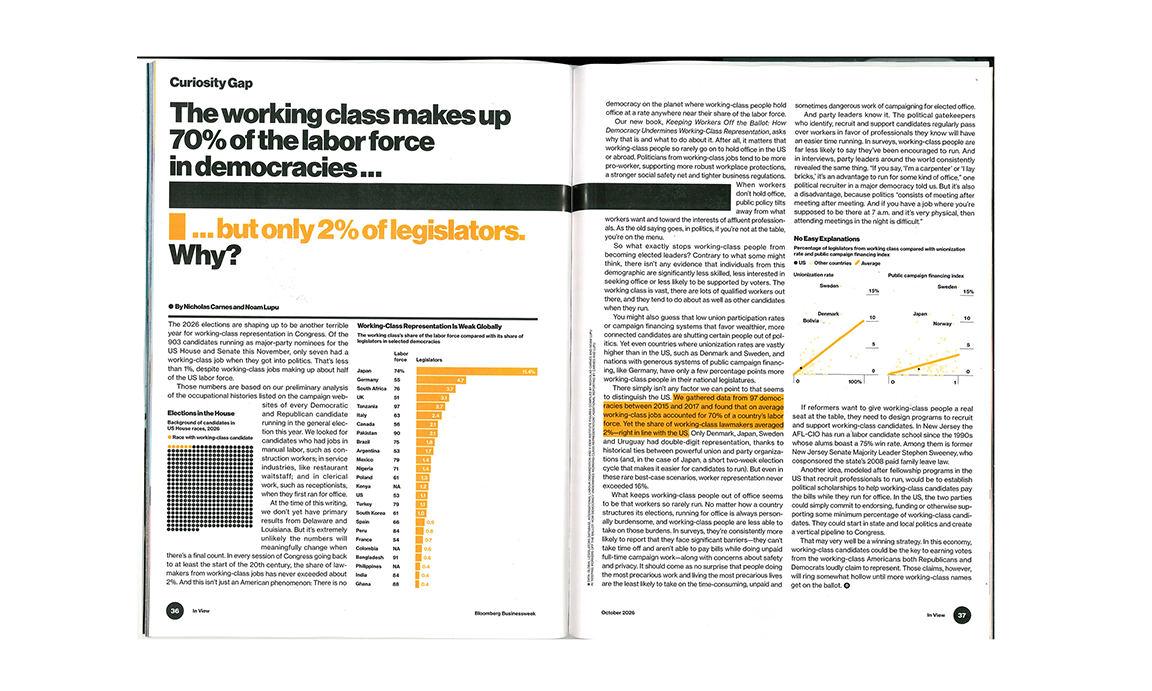 Bloomberg Businessweek print spread with charts on working-class representation