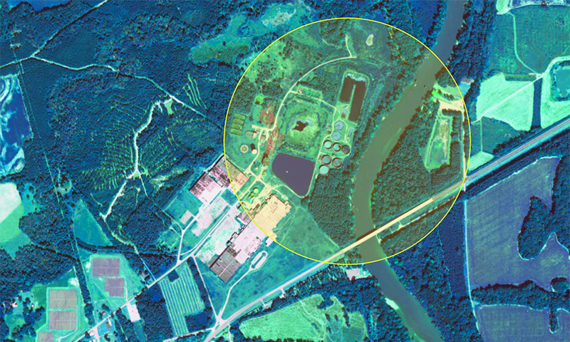 map of permitted sludge sites, PFAS measurements, and drinking water intakes near the Galey and Lord plant