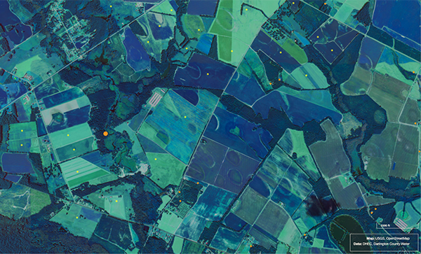 map of permitted sludge sites, PFAS measurements, and drinking water intakes near Whitmire, SC